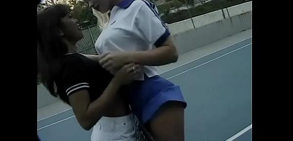 Horny stud bangs two sexy babes hard in the tennis court